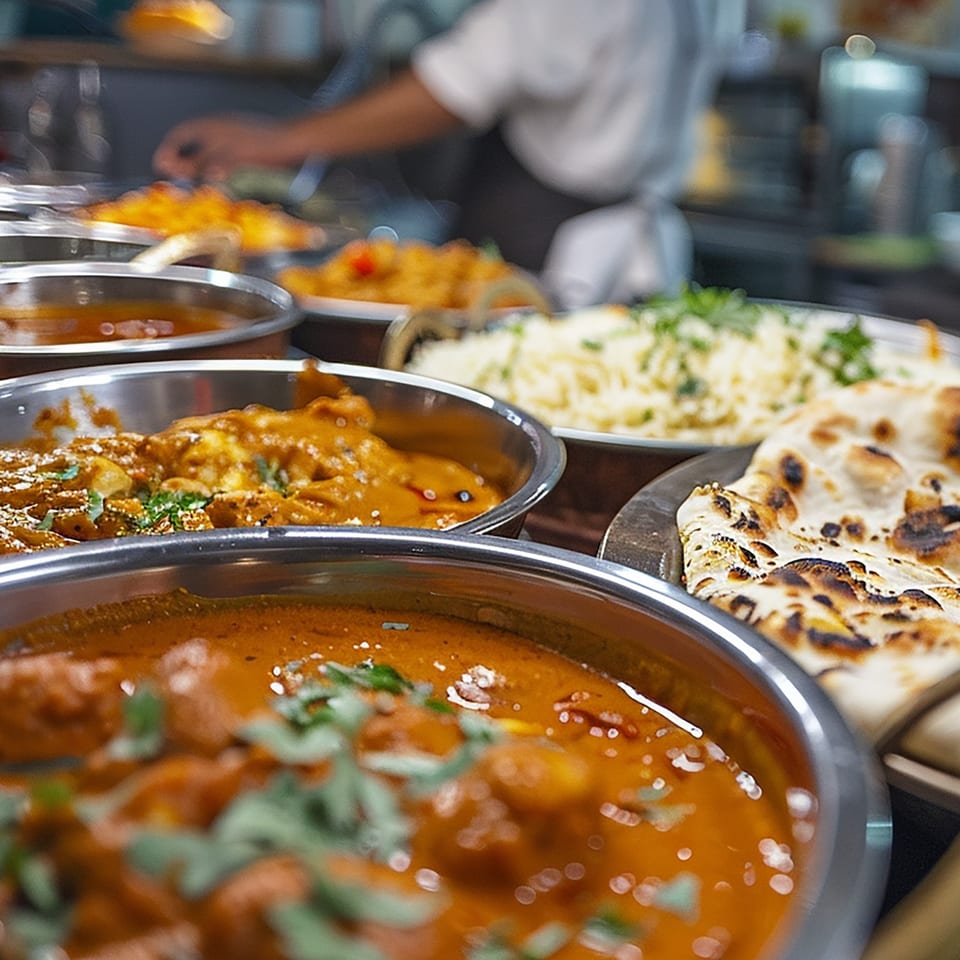Close-up of Indian dishes: chicken curry, rice, and naan bread, with a chef in the background.